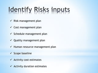  Risk management plan
 Cost management plan
 Schedule management plan
 Quality management plan
 Human resource management plan
 Scope baseline
 Activity cost estimates
 Activity duration estimates
 