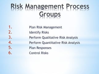 1. Plan Risk Management
2. Identify Risks
3. Perform Qualitative Risk Analysis
4. Perform Quantitative Risk Analysis
5. Plan Responses
6. Control Risks
 