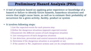 • A tool of analysis based on applying prior experience or knowledge of a
hazard or failure to identify future hazards, hazardous situations and
events that might cause harm, as well as to estimate their probability of
occurrence for a given activity, facility, product or system
• It involves following steps:
1.List the expected events for each process step
2.Define the dangerous situations (opposite expected events)
3.Enumerate the different causes of each dangerous situation
4. List consequences of each dangerous situation
5. List detection, prevention and control measures already in place.
6. Determine if the dangerous situation is acceptable or not.
7. If the answer is ‘No’, implement actions and /or do complementary analysis
Preliminary Hazard Analysis (PHA)
 