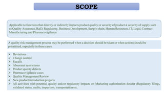 Applicable to functions that directly or indirectly impacts product quality or security of product & security of supply such
as Quality Assurance, R&D, Regulatory, Business Development, Supply chain, Human Resources, IT, Legal, Contract
Manufacturing and Pharmacovigilance
A quality risk management process may be performed when a decision should be taken or when actions should be
prioritized, especially in these cases
 Deviations
 Change control
 Recalls
 Abnormal restrictions
 Product quality defects
 Pharmacovigilance cases
 Quality Management Review
 New product introduction projects
 All activities with potential quality and/or regulatory impacts on Marketing authorization dossier (Regulatory filing),
validated status, audits, inspection, transportation etc.
SCOPE
 
