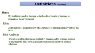 Definitions (As per ISO )
Physical injury and/or damage to the health of people or damage to
property or the environment
Harm:
Risk:
Combination of the probability of occurrence of harm and the severity of that
harm
- Use of available information to identify hazards and to estimate the risk
- It provides the basis for risk evaluation and decisions about the risk
reduction.
Risk Analysis:
 