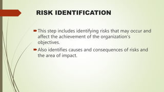 RISK IDENTIFICATION
This step includes identifying risks that may occur and
affect the achievement of the organization’s
objectives.
Also identifies causes and consequences of risks and
the area of impact.
 
