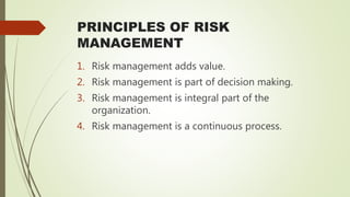 PRINCIPLES OF RISK
MANAGEMENT
1. Risk management adds value.
2. Risk management is part of decision making.
3. Risk management is integral part of the
organization.
4. Risk management is a continuous process.
 