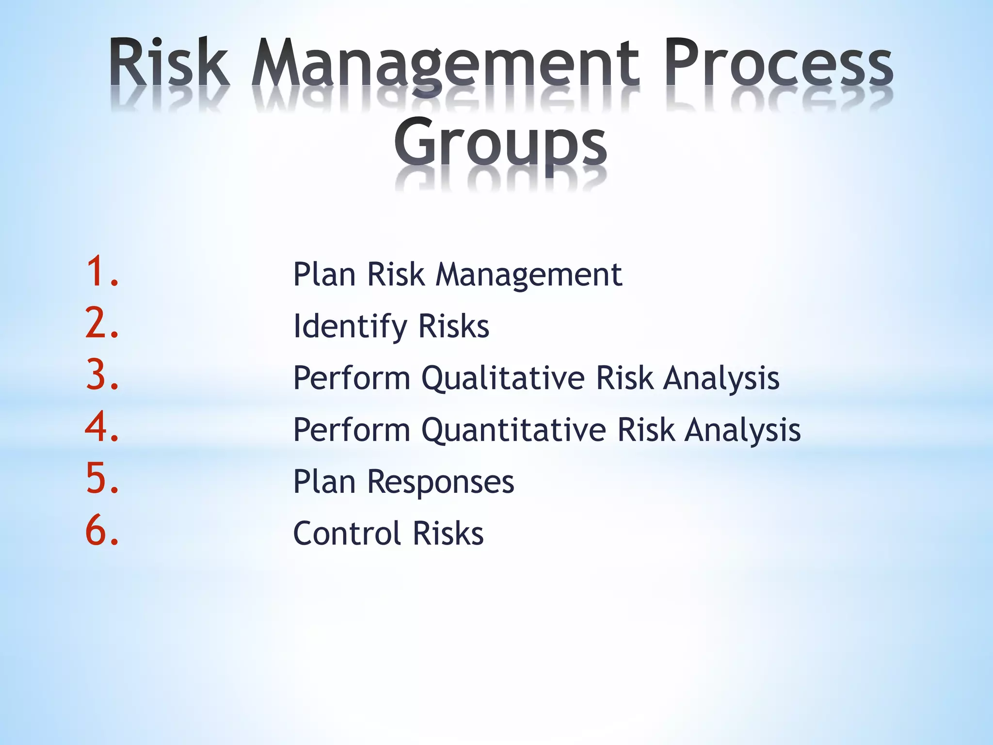 1. Plan Risk Management
2. Identify Risks
3. Perform Qualitative Risk Analysis
4. Perform Quantitative Risk Analysis
5. Plan Responses
6. Control Risks
 