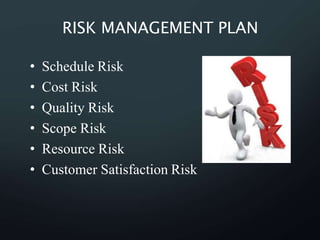 RISK MANAGEMENT PLAN
• Schedule Risk
• Cost Risk
• Quality Risk
• Scope Risk
• Resource Risk
• Customer Satisfaction Risk
 