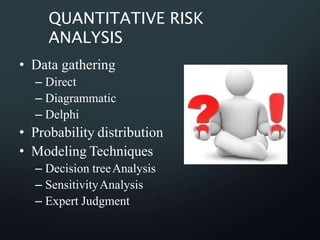QUANTITATIVE RISK
ANALYSIS
• Data gathering
– Direct
– Diagrammatic
– Delphi
• Probability distribution
• Modeling Techniques
– Decision treeAnalysis
– SensitivityAnalysis
– Expert Judgment
 