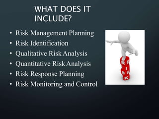 WHAT DOES IT
INCLUDE?
• Risk Management Planning
• Risk Identification
• Qualitative RiskAnalysis
• Quantitative RiskAnalysis
• Risk Response Planning
• Risk Monitoring and Control
 