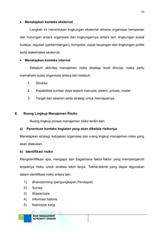 10
‘18 RISK MANAGEMENT
ALFRIANTY SAURAN
 Menetapkan konteks eksternal
Langkah ini menentukan lingkungan eksternal dimana organisasi beroperasi
dan hubungan antara organisasi dan lingkungannya antara lain: lingkungan sosial
budaya, regulasi (perkembangan), kompetisi, pasar keuangan dan lingkungan politik
serta stakeholder eksternal.
 Menetapkan konteks internal
Sebelum aktivitas manajemen risiko disetiap level dimulai, maka perlu
memahami suatu organisasi antara lain meliputi:
1. Struktur
2. Kapabilitas sumber daya seperti manusia, sistem, proses, modal
3. Target dan sasaran serta strategi untuk mencapainya.
E. Ruang Lingkup Manajemen Risiko
Ruang lingkup proses manajemen risiko terdiri dari:
a) Penentuan konteks kegiatan yang akan dikelola risikonya
Menetapkan strategi, kebijakan organisasi dan ruang lingkup manajemen risiko yang
akan dilakukan.
b) Identifikasi risiko
Mengidentifikasi apa, mengapa dan bagaimana faktor-faktor yang mempengaruhi
terjadinya risiko untuk analisis lebih lanjut. Teknik-teknik yang dapat digunakan
dalam identifikasi risiko antara lain:
1) Brainstorming (pengungkapan Pendapat)
2) Survey
3) Wawancara
4) Informasi historis
5) Kelompok kerja
 
