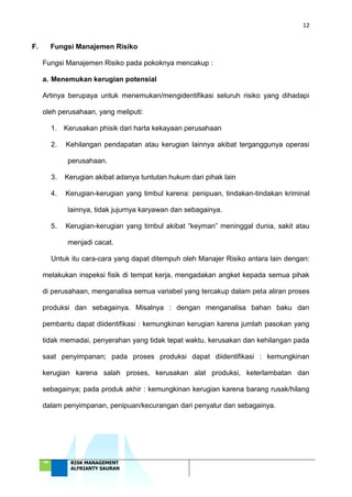 12
‘18 RISK MANAGEMENT
ALFRIANTY SAURAN
F. Fungsi Manajemen Risiko
Fungsi Manajemen Risiko pada pokoknya mencakup :
a. Menemukan kerugian potensial
Artinya berupaya untuk menemukan/mengidentifikasi seluruh risiko yang dihadapi
oleh perusahaan, yang meliputi:
1. Kerusakan phisik dari harta kekayaan perusahaan
2. Kehilangan pendapatan atau kerugian lainnya akibat terganggunya operasi
perusahaan.
3. Kerugian akibat adanya tuntutan hukum dari pihak lain
4. Kerugian-kerugian yang timbul karena: penipuan, tindakan-tindakan kriminal
lainnya, tidak jujurnya karyawan dan sebagainya.
5. Kerugian-kerugian yang timbul akibat “keyman” meninggal dunia, sakit atau
menjadi cacat.
Untuk itu cara-cara yang dapat ditempuh oleh Manajer Risiko antara lain dengan:
melakukan inspeksi fisik di tempat kerja, mengadakan angket kepada semua pihak
di perusahaan, menganalisa semua variabel yang tercakup dalam peta aliran proses
produksi dan sebagainya. Misalnya : dengan menganalisa bahan baku dan
pembantu dapat diidentifikasi : kemungkinan kerugian karena jumlah pasokan yang
tidak memadai, penyerahan yang tidak tepat waktu, kerusakan dan kehilangan pada
saat penyimpanan; pada proses produksi dapat diidentifikasi : kemungkinan
kerugian karena salah proses, kerusakan alat produksi, keterlambatan dan
sebagainya; pada produk akhir : kemungkinan kerugian karena barang rusak/hilang
dalam penyimpanan, penipuan/kecurangan dari penyalur dan sebagainya.
 