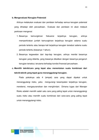 13
‘18 RISK MANAGEMENT
ALFRIANTY SAURAN
b. Mengevaluasi Kerugian Potensial
Artinya melakukan evaluasi dan penilaian terhadap semua kerugian potensial
yang dihadapi oleh perusahaan. Evaluasi dan penilaian ini akan meliputi
perkiraan mengenai:
1. Besarnya kemungkinan frekuensi terjadinya kerugian, artinya
memperkirakan jumlah kemungkinan terjadinya kerugian selama suatu
periode tertentu atau berapa kali terjadinya kerugian tersebut selama suatu
periode tertentu (biasanya 1 tahun).
2. Besarnya kegawatan dari tiap-tiap kerugian, artinya menilai besarnya
kerugian yang diderita, yang biasanya dikaitkan dengan besarnya pengaruh
kerugian tersebut, terutama terhadap kondisi finansial perusahaan.
c. Memilih teknik/cara yang tepat atau menentukan suatu kombinasi dari
teknik-teknik yang tepat guna menanggulangi kerugian.
Pada pokoknya ada 4 (empat) cara yang dapat dipakai untuk
menanggulangi risiko, yaitu: mengurangi kesempatan terjadinya kerugian,
meretensi, mengasuransikan dan menghindari. Dimana tugas dari Manajer
Risiko adalah memilih salah satu cara yang paling tepat untuk menanggulangi
suatu risiko atau memilih suatu kombinasi dari cara-cara yang paling tepat
untuk menanggulangi risiko.
 