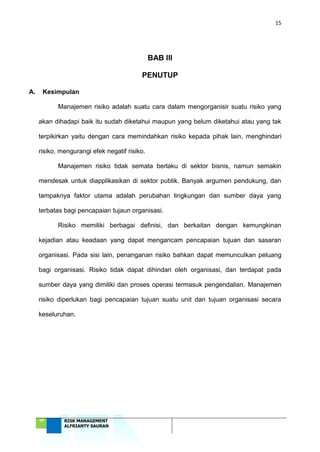 15
‘18 RISK MANAGEMENT
ALFRIANTY SAURAN
BAB III
PENUTUP
A. Kesimpulan
Manajemen risiko adalah suatu cara dalam mengorganisir suatu risiko yang
akan dihadapi baik itu sudah diketahui maupun yang belum diketahui atau yang tak
terpikirkan yaitu dengan cara memindahkan risiko kepada pihak lain, menghindari
risiko, mengurangi efek negatif risiko.
Manajemen risiko tidak semata berlaku di sektor bisnis, namun semakin
mendesak untuk diapplikasikan di sektor publik. Banyak argumen pendukung, dan
tampaknya faktor utama adalah perubahan lingkungan dan sumber daya yang
terbatas bagi pencapaian tujaun organisasi.
Risiko memiliki berbagai definisi, dan berkaitan dengan kemungkinan
kejadian atau keadaan yang dapat mengancam pencapaian tujuan dan sasaran
organisasi. Pada sisi lain, penanganan risiko bahkan dapat memunculkan peluang
bagi organisasi. Risiko tidak dapat dihindari oleh organisasi, dan terdapat pada
sumber daya yang dimiliki dan proses operasi termasuk pengendalian. Manajemen
risiko diperlukan bagi pencapaian tujuan suatu unit dan tujuan organisasi secara
keseluruhan.
 