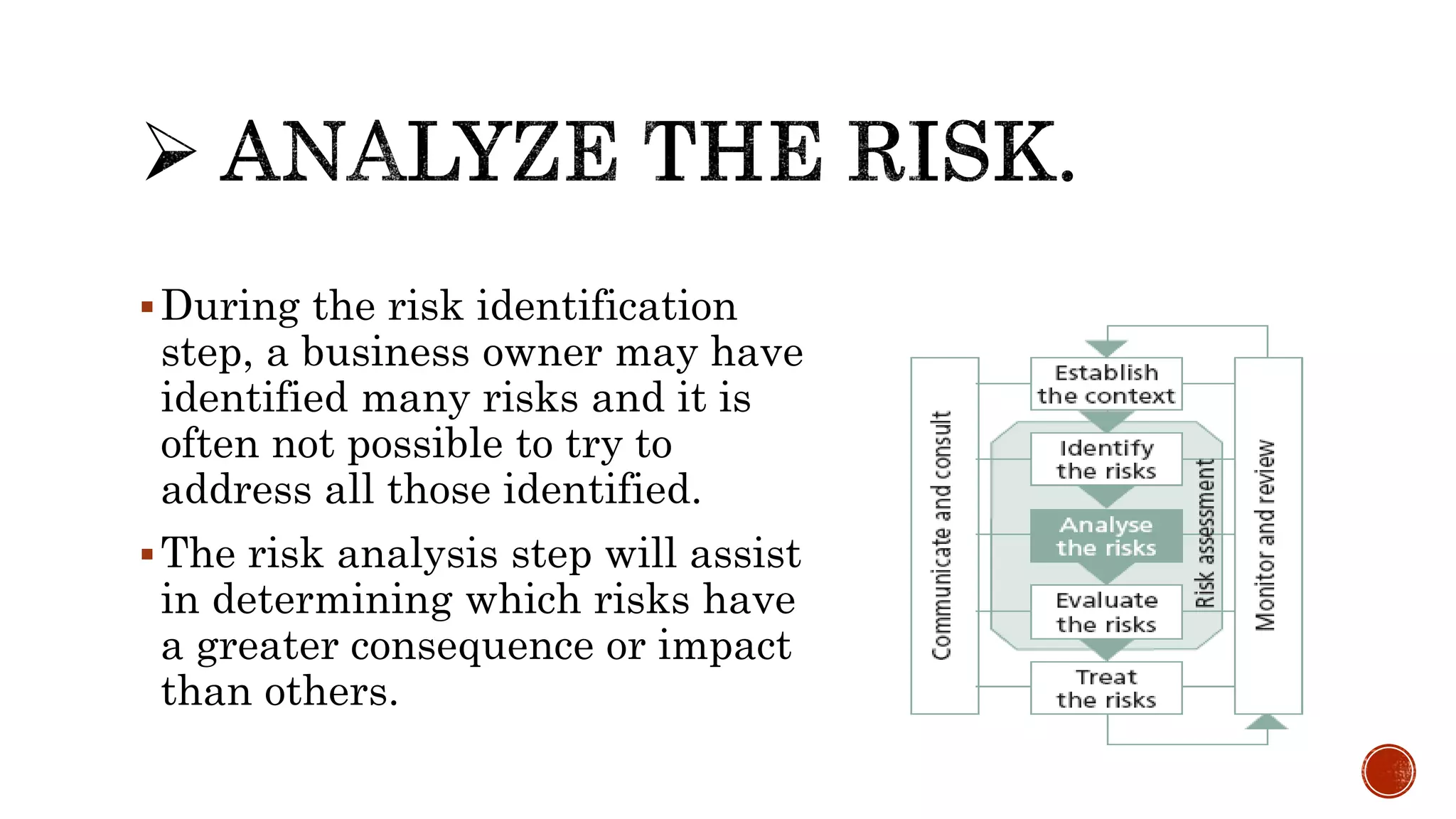 During the risk identification
step, a business owner may have
identified many risks and it is
often not possible to try to
address all those identified.
The risk analysis step will assist
in determining which risks have
a greater consequence or impact
than others.
 