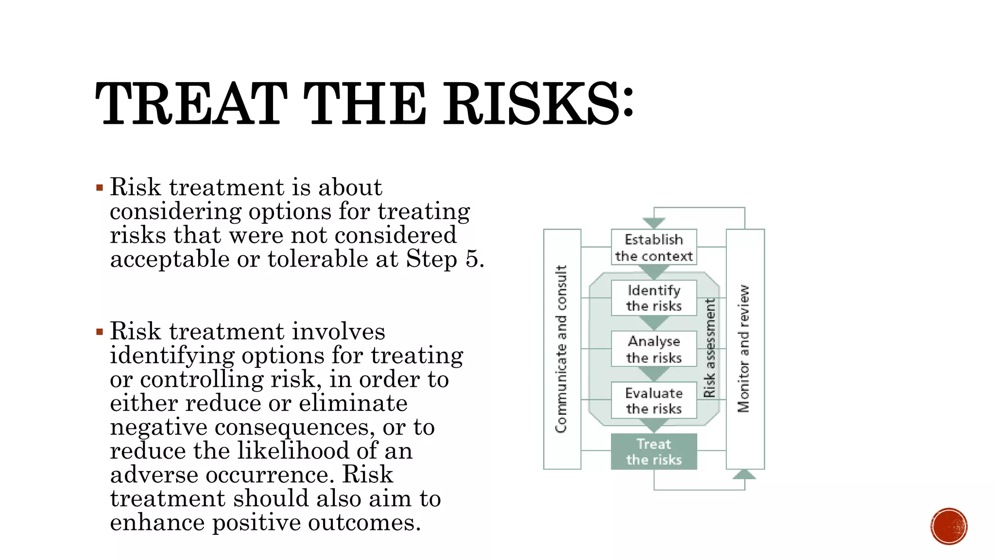 TREAT THE RISKS:
 Risk treatment is about
considering options for treating
risks that were not considered
acceptable or tolerable at Step 5.
 Risk treatment involves
identifying options for treating
or controlling risk, in order to
either reduce or eliminate
negative consequences, or to
reduce the likelihood of an
adverse occurrence. Risk
treatment should also aim to
enhance positive outcomes.
 