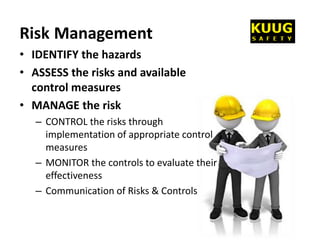 Risk Management
• IDENTIFY the hazards
• ASSESS the risks and available
control measures
• MANAGE the risk
– CONTROL the r...