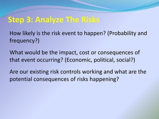 Step 3: Analyze The Risks
How likely is the risk event to happen? (Probability and
frequency?)
What would be the impact, cost or consequences of
that event occurring? (Economic, political, social?)
Are our existing risk controls working and what are the
potential consequences of risks happening?
 