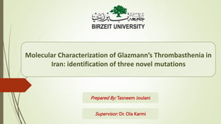 Molecular Characterization of Glazmann’s Thrombasthenia in
Iran: identification of three novel mutations
Prepared By: Tasneem Joulani
Supervisor: Dr. Ola Karmi
 