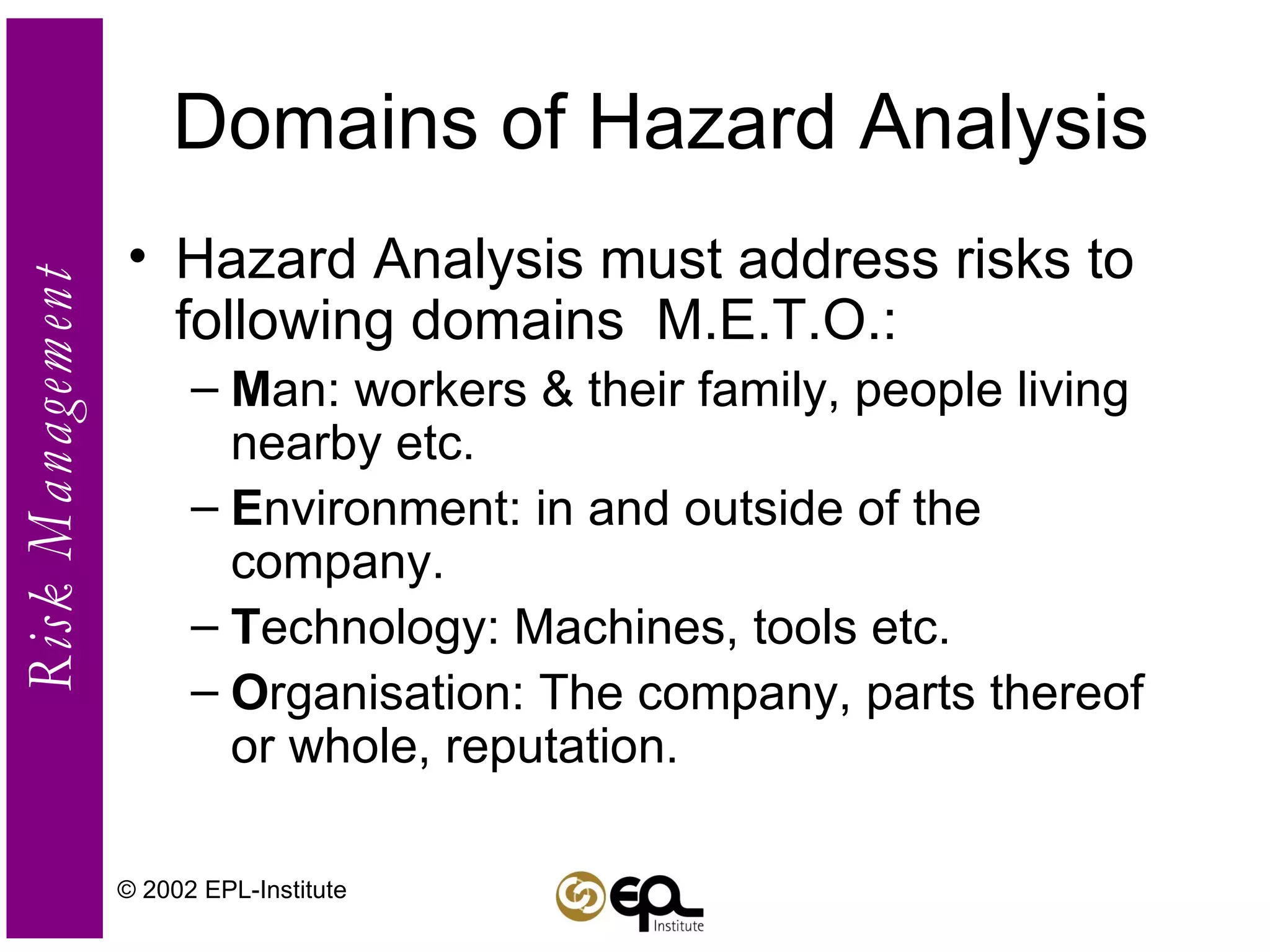 Domains of Hazard Analysis Hazard Analysis must address risks to following domains  M.E.T.O.: M an: workers & their family, people living nearby etc. E nvironment: in and outside of the company. T echnology: Machines, tools etc. O rganisation: The company, parts thereof or whole, reputation. © 2002 EPL-Institute 