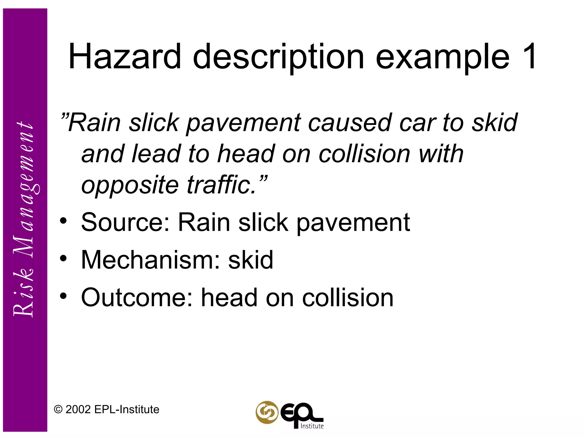 Hazard description example 1 ” Rain slick pavement caused car to skid and lead to head on collision with opposite traffic.” Source: Rain slick pavement Mechanism: skid Outcome: head on collision © 2002 EPL-Institute 