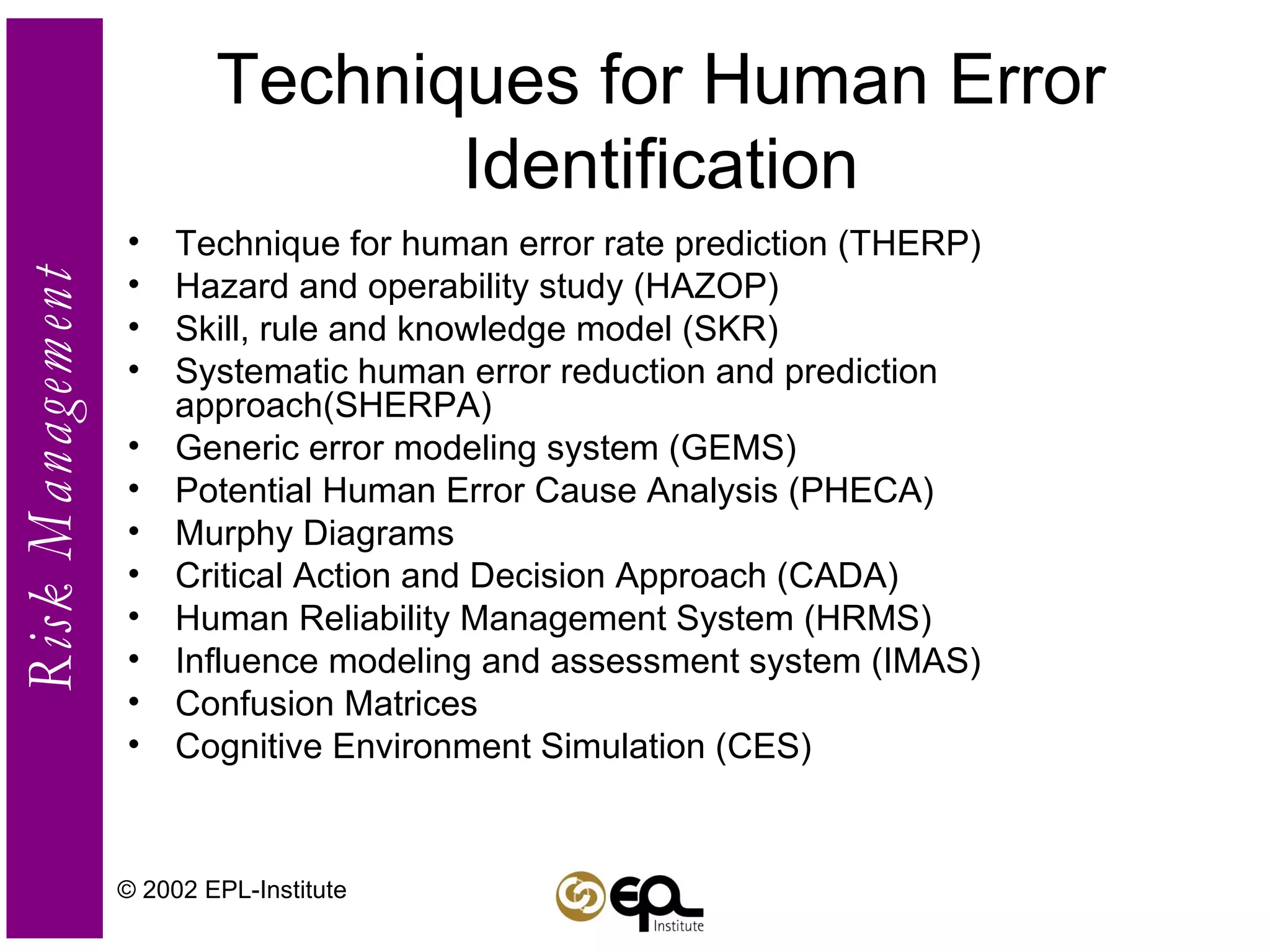 Techniques for Human Error Identification Technique for human error rate prediction (THERP) Hazard and operability study (HAZOP) Skill, rule and knowledge model (SKR) Systematic human error reduction and prediction approach(SHERPA) Generic error modeling system (GEMS) Potential Human Error Cause Analysis (PHECA) Murphy Diagrams  Critical Action and Decision Approach (CADA) Human Reliability Management System (HRMS) Influence modeling and assessment system (IMAS) Confusion Matrices  Cognitive Environment Simulation (CES) © 2002 EPL-Institute 