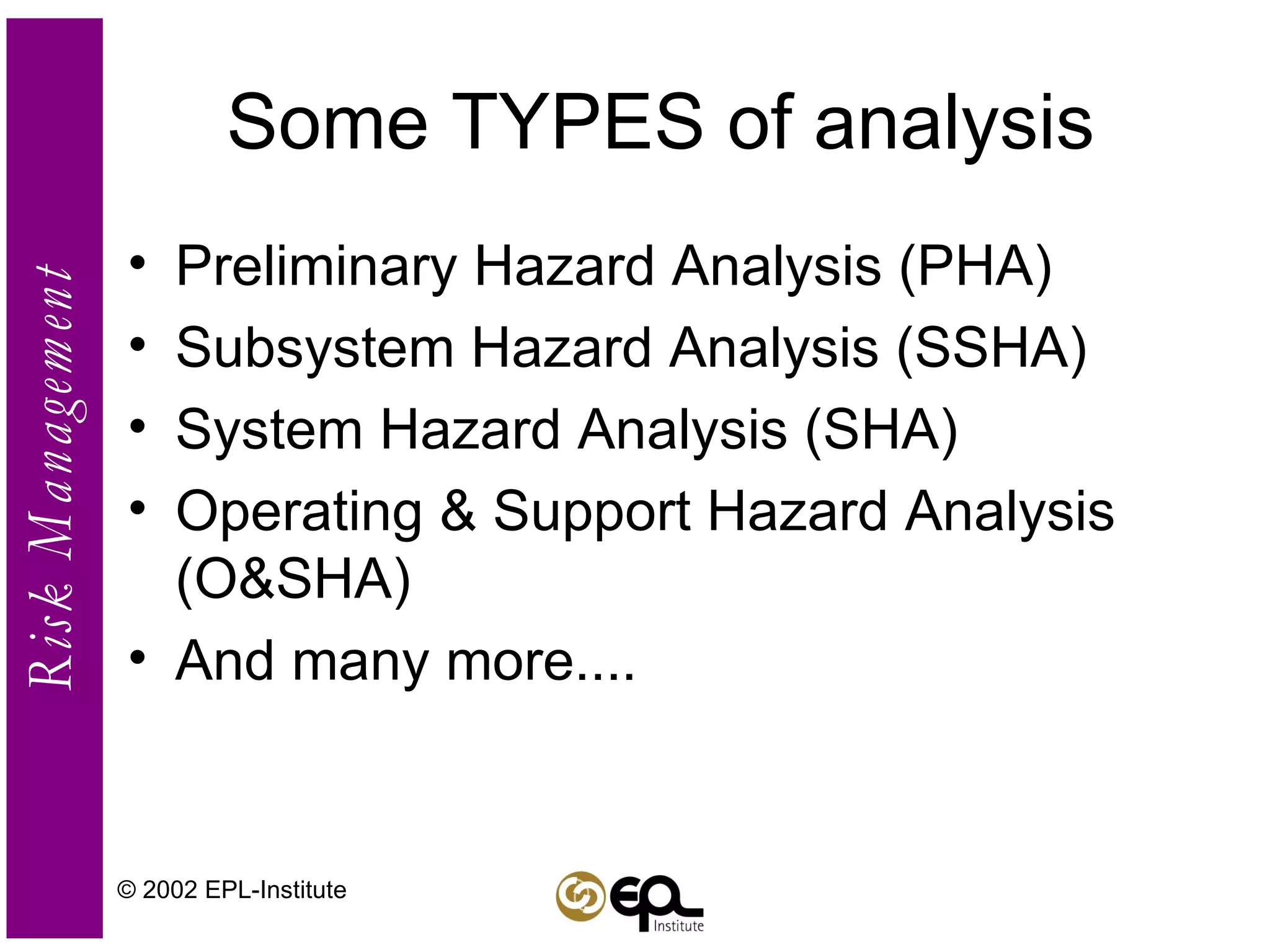Some TYPES of analysis Preliminary Hazard Analysis (PHA) Subsystem Hazard Analysis (SSHA) System Hazard Analysis (SHA) Operating & Support Hazard Analysis (O&SHA) And many more.... © 2002 EPL-Institute 