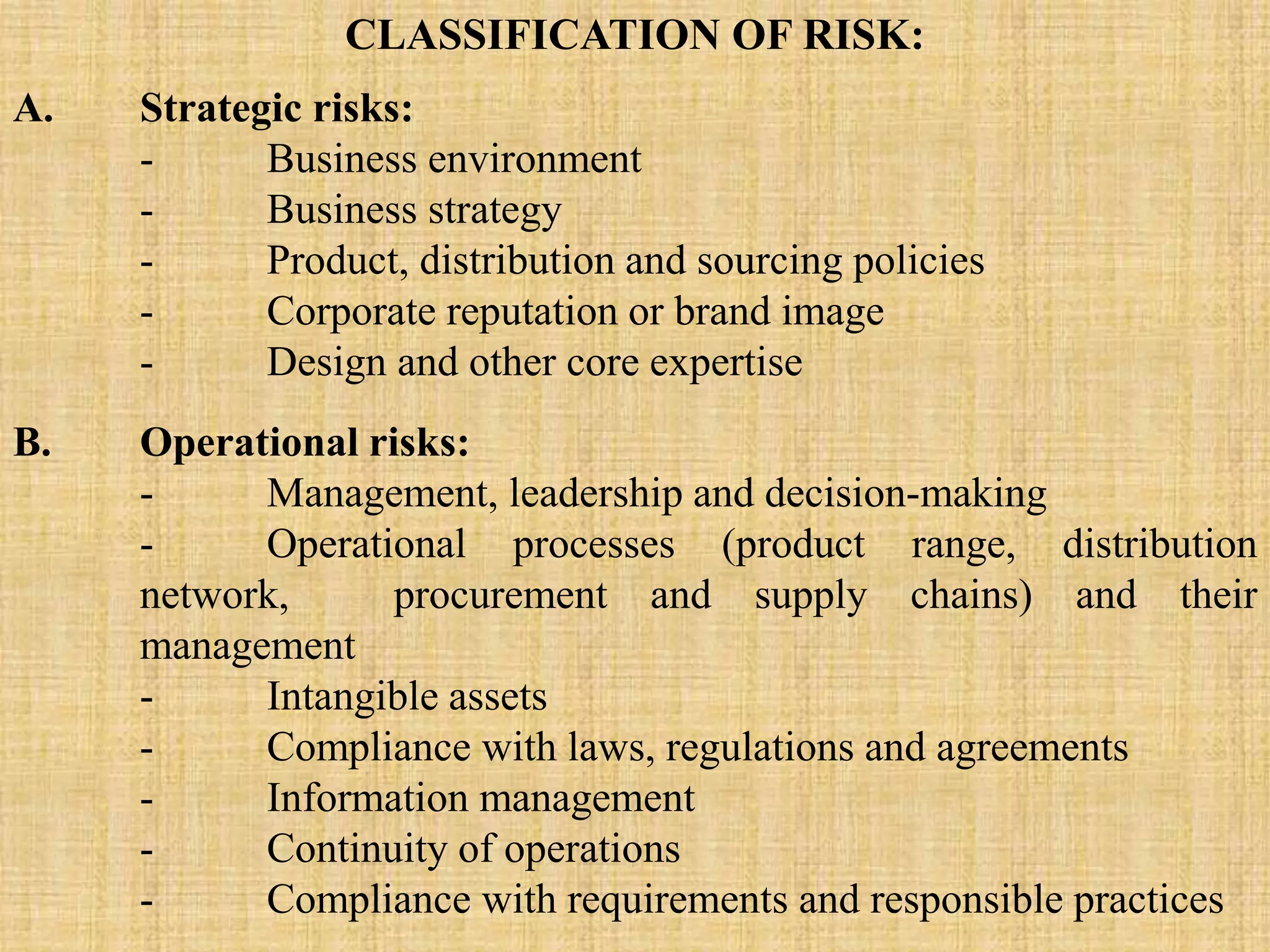CLASSIFICATION OF RISK:
A. Strategic risks:
- Business environment
- Business strategy
- Product, distribution and sourcing policies
- Corporate reputation or brand image
- Design and other core expertise
B. Operational risks:
- Management, leadership and decision-making
- Operational processes (product range, distribution
network, procurement and supply chains) and their
management
- Intangible assets
- Compliance with laws, regulations and agreements
- Information management
- Continuity of operations
- Compliance with requirements and responsible practices
 