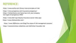 https://economictimes.indiatimes.com/definition/insurable-risk
https://www.oreilly.com/library/view/principles-of-risk/
https://www.360factors.com/blog/five-steps-of-risk-management-process/
https://www.prospectus.com/insurance-prospectus/
REFERENCE:
https://thefactfactor.com/facts/law/civil_law/company-
law/types-of-prospectus/3930/
https://www.ibef.org/industry/insurance-sector-india.aspx
https://www.thehansindia.com/
 