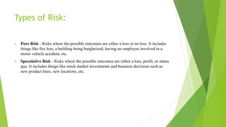 Types of Risk:
1. Pure Risk - Risks where the possible outcomes are either a loss or no loss. It includes
things like fire loss, a building being burglarized, having an employee involved in a
motor vehicle accident, etc.
2. Speculative Risk - Risks where the possible outcomes are either a loss, profit, or status
quo. It includes things like stock market investments and business decisions such as
new product lines, new locations, etc.
 
