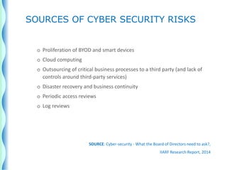 o Proliferation of BYOD and smart devices
o Cloud computing
o Outsourcing of critical business processes to a third party (and lack of
controls around third-party services)
o Disaster recovery and business continuity
o Periodic access reviews
o Log reviews
SOURCE: Cyber-security - What the Board of Directors need to ask?,
IIARF Research Report, 2014
SOURCES OF CYBER SECURITY RISKS
 