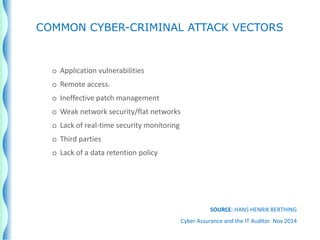o Application vulnerabilities
o Remote access.
o Ineffective patch management
o Weak network security/flat networks
o Lack of real-time security monitoring
o Third parties
o Lack of a data retention policy
SOURCE: HANS HENRIK BERTHING
Cyber Assurance and the IT Auditor Nov 2014
COMMON CYBER-CRIMINAL ATTACK VECTORS
 