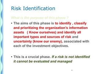 6
Risk Identification
What is the purpose of this phase ?
• The aims of this phase is to identify , classify
and prioritizing the organization’s information
assets ( Know ourselves) and identify all
important types and sources of risk and
uncertainty (know our enemy), associated with
each of the investment objectives.
• This is a crucial phase. If a risk is not identified
it cannot be evaluated and managed
 
