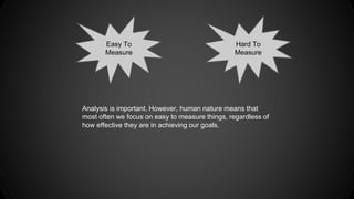 Hard To 
Measure 
Easy To 
Measure 
Analysis is important. However, human nature means that 
most often we focus on easy to measure things, regardless of 
how effective they are in achieving our goals. 
 