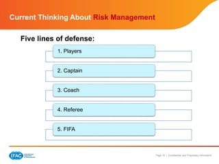 Page 16 | Confidential and Proprietary Information
Five lines of defense:
Current Thinking About Risk Management
1. Players
2. Captain
3. Coach
4. Referee
5. FIFA
 