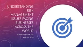UNDERSTANDING
RISK
MANAGEMENT
ISSUES FACING
BUSINESSES
ACROSS THE
WORLD
BY: PAUL YOUNG CPA, CGA
MARCH 27, 2020
 
