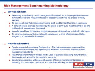 Risk Management Benchmarking Methodology

   Why Benchmark
       Necessary to evaluate your risk management framework vis a vis competition to ensure
        minimal financial and reputation losses or atleast losses should not exceed industry
        average
       To plug loop holes that management knows exist, and to indentify more of such gaps
       A comprehensive exercise mandated by the Board to carry out a major revamp of old and
        outdated risk management framework
       to understand how divisions or programs compare internally or to industry standards
       To minimise overlaps with internal audit, compliance, to bring efficiencies and better
        integration of overall GRC framework


   How Benchmarked
       Benchmarking to International Best practice - The risk management process will be
        compared with and measured against world wide best practice and international risk
        management standards
       Risk Management Maturity Models will be used to evaluate the exiting maturity of risk
        frameworks and where the firm needs to evolve to.
       Benchmarking exercise will assess all aspects of the risk management process by
        reviewing documentation, reports etc and interviews with key personnel

                                                    5
 