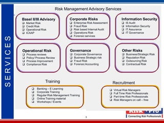 3
Risk Management Advisory Services
Training Recruitment
Basel II/III Advisory
 Market Risk
 Credit Risk
 Operational Risk
 ICAAP
Corporate Risks
 Enterprise Risk Assessment
 Fraud Risk
 Risk based Internal Audit
 Operations Risk
 Forensic services
Information Security
 IS Audit
 Information Security
 IT Assurance
 IT Governance
Operational Risk
 Process reviews
 Policy/ Process Review
 Process Improvement
 Compliance Risk
Governance
 Corporate Governance
 Business Strategic risk
 Fraud Risk
 Forensic Accounting
Other Risks
 Business/Strategic Risk
 Reputation Risk
 Outsourcing Risk
 Contractual Risk
 Banking – E Learning
 Corporate Training
 Regular Risk Management Training
 Online Training material
 Workshops / Events
 Virtual Risk Managers
 Full Time Risk Professionals
 Part time Risk Professionals
 Risk Managers on call – free
SERVICES
 