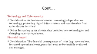 Cont….
Technology and Cybersecurity
Consideration: As businesses become increasingly dependent on
technology, protecting digital infrastructure and sensitive data from
cyber threats is critical.
Driver Increasing cyber threats, data breaches, new technologies, and
changing security regulations.
Financial impact
Consideration: The financial consequences of risks (e.g., revenue loss,
increased operational costs, penalties) need to be carefully evaluated
and managed.
 