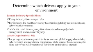 Determine which drivers apply to your
environment
Identify Industry-Specific Risks:
Every industry faces unique risks.
For instance, the healthcare sector has strict regulatory requirements and
cybersecurity concerns,
 while the retail industry may face risks related to supply chain
management and customer loyalty.
Assess Organizational Size
Large organizations may need to focus more on global supply chain risks,
cybersecurity, and regulatory compliance, while smaller businesses may be
more concerned with operational continuity and financial impacts
 