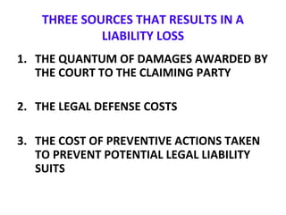 THREE SOURCES THAT RESULTS IN A
LIABILITY LOSS
1. THE QUANTUM OF DAMAGES AWARDED BY
THE COURT TO THE CLAIMING PARTY
2. THE LEGAL DEFENSE COSTS
3. THE COST OF PREVENTIVE ACTIONS TAKEN
TO PREVENT POTENTIAL LEGAL LIABILITY
SUITS
 