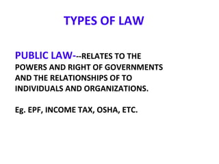 TYPES OF LAW
PUBLIC LAW---RELATES TO THE
POWERS AND RIGHT OF GOVERNMENTS
AND THE RELATIONSHIPS OF TO
INDIVIDUALS AND ORGANIZATIONS.
Eg. EPF, INCOME TAX, OSHA, ETC.
 