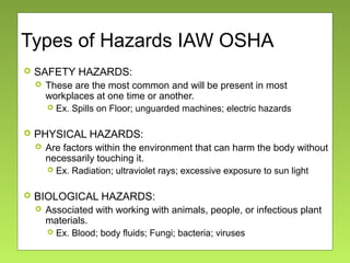 Types of Hazards IAW OSHA
 SAFETY HAZARDS:
 These are the most common and will be present in most
workplaces at one time or another.
 Ex. Spills on Floor; unguarded machines; electric hazards
 PHYSICAL HAZARDS:
 Are factors within the environment that can harm the body without
necessarily touching it.
 Ex. Radiation; ultraviolet rays; excessive exposure to sun light
 BIOLOGICAL HAZARDS:
 Associated with working with animals, people, or infectious plant
materials.
 Ex. Blood; body fluids; Fungi; bacteria; viruses
 