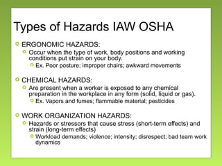 Types of Hazards IAW OSHA
 ERGONOMIC HAZARDS:
 Occur when the type of work, body positions and working
conditions put strain on your body.
 Ex. Poor posture; improper chairs; awkward movements
 CHEMICAL HAZARDS:
 Are present when a worker is exposed to any chemical
preparation in the workplace in any form (solid, liquid or gas).
 Ex. Vapors and fumes; flammable material; pesticides
 WORK ORGANIZATION HAZARDS:
 Hazards or stressors that cause stress (short-term effects) and
strain (long-term effects)
 Workload demands; violence; intensity; disrespect; bad team work
dynamics
 