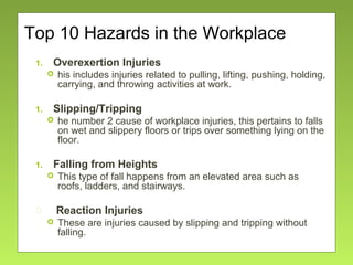 Top 10 Hazards in the Workplace
1. Overexertion Injuries
 his includes injuries related to pulling, lifting, pushing, holding,
carrying, and throwing activities at work.
1. Slipping/Tripping
 he number 2 cause of workplace injuries, this pertains to falls
on wet and slippery floors or trips over something lying on the
floor.
1. Falling from Heights
 This type of fall happens from an elevated area such as
roofs, ladders, and stairways.
 Reaction Injuries
 These are injuries caused by slipping and tripping without
falling.
 