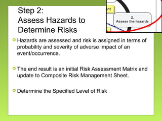 Step 2:
Assess Hazards to
Determine Risks
 Hazards are assessed and risk is assigned in terms of
probability and severity of adverse impact of an
event/occurrence.
 The end result is an initial Risk Assessment Matrix and
update to Composite Risk Management Sheet.
 Determine the Specified Level of Risk
 
