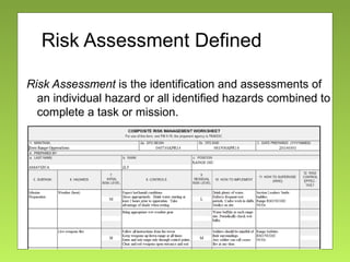 Risk Assessment Defined
Risk Assessment is the identification and assessments of
an individual hazard or all identified hazards combined to
complete a task or mission.
 