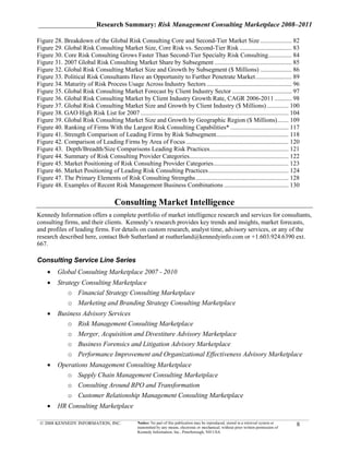 _________________Research Summary: Risk Management Consulting Marketplace 2008–2011

Figure 28. Breakdown of the Global Risk Consulting Core and Second-Tier Market Size .................... 82
Figure 29. Global Risk Consulting Market Size, Core Risk vs. Second-Tier Risk ................................. 83
Figure 30. Core Risk Consulting Grows Faster Than Second-Tier Specialty Risk Consulting............... 84
Figure 31. 2007 Global Risk Consulting Market Share by Subsegment ................................................. 85
Figure 32. Global Risk Consulting Market Size and Growth by Subsegment ($ Millions) .................... 86
Figure 33. Political Risk Consultants Have an Opportunity to Further Penetrate Market ....................... 89
Figure 34. Maturity of Risk Process Usage Across Industry Sectors ...................................................... 96
Figure 35. Global Risk Consulting Market Forecast by Client Industry Sector ...................................... 97
Figure 36. Global Risk Consulting Market by Client Industry Growth Rate, CAGR 2006-2011 ........... 98
Figure 37. Global Risk Consulting Market Size and Growth by Client Industry ($ Millions) .............. 100
Figure 38. GAO High Risk List for 2007 .............................................................................................. 104
Figure 39. Global Risk Consulting Market Size and Growth by Geographic Region ($ Millions) ....... 109
Figure 40. Ranking of Firms With the Largest Risk Consulting Capabilities* ..................................... 117
Figure 41. Strength Comparison of Leading Firms by Risk Subsegment.............................................. 118
Figure 42. Comparison of Leading Firms by Area of Focus ................................................................. 120
Figure 43. Depth/Breadth/Size Comparisons Leading Risk Practices .................................................. 121
Figure 44. Summary of Risk Consulting Provider Categories............................................................... 122
Figure 45. Market Positioning of Risk Consulting Provider Categories................................................ 123
Figure 46. Market Positioning of Leading Risk Consulting Practices ................................................... 124
Figure 47. The Primary Elements of Risk Consulting Strengths ........................................................... 128
Figure 48. Examples of Recent Risk Management Business Combinations ......................................... 130

                                        Consulting Market Intelligence
Kennedy Information offers a complete portfolio of market intelligence research and services for consultants,
consulting firms, and their clients. Kennedy’s research provides key trends and insights, market forecasts,
and profiles of leading firms. For details on custom research, analyst time, advisory services, or any of the
research described here, contact Bob Sutherland at rsutherland@kennedyinfo.com or +1.603.924.6390 ext.
667.

Consulting Service Line Series
     •    Global Consulting Marketplace 2007 - 2010
     •    Strategy Consulting Marketplace
              o Financial Strategy Consulting Marketplace
              o Marketing and Branding Strategy Consulting Marketplace
     •    Business Advisory Services
             o Risk Management Consulting Marketplace
             o Merger, Acquisition and Divestiture Advisory Marketplace
             o Business Forensics and Litigation Advisory Marketplace
             o Performance Improvement and Organizational Effectiveness Advisory Marketplace
     •    Operations Management Consulting Marketplace
             o Supply Chain Management Consulting Marketplace
             o Consulting Around BPO and Transformation
             o Customer Relationship Management Consulting Marketplace
     •    HR Consulting Marketplace

 © 2008 KENNEDY INFORMATION, INC.                   Notice: No part of this publication may be reproduced, stored in a retrieval system or
                                                    transmitted by any means, electronic or mechanical, without prior written permission of
                                                                                                                                              8
                                                    Kennedy Information, Inc., Peterborough, NH USA
 