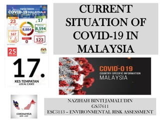 CURRENT
SITUATION OF
COVID-19 IN
MALAYSIA
NAZIHAH BINTI JAMALUDIN
GS57611
ESC5113 – ENVIRONMENTAL RISK ASSESSMENT
 