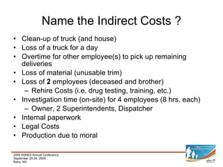Name the Indirect Costs ? Clean-up of truck (and house) Loss of a truck for a day Overtime for other employee(s) to pick up remaining deliveries Loss of material (unusable trim) Loss of  2  employees (deceased and brother) Rehire Costs (i.e. drug testing, training, etc.) Investigation time (on-site) for 4 employees (8 hrs. each) Owner, 2 Superintendents, Dispatcher Internal paperwork Legal Costs Production due to moral 