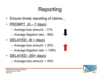 Ensure timely reporting of claims... PROMPT  (0 – 7 days) Average loss amount: - 17% Average litigation rate: - 58%  DELAYED  (8 + days) Average loss amount: + 20% Average litigation rate: + 139% DELAYED  (30+ days) Average loss amount: + 45% Reporting 