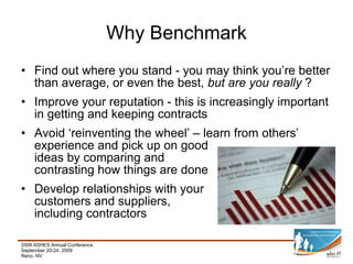Why Benchmark Find out where you stand - you may think you’re better than average, or even the best,  but are you really  ? Improve your reputation - this is increasingly important in getting and keeping contracts Avoid ‘reinventing the wheel’ – learn from others’ experience and pick up on good  ideas by comparing and  contrasting how things are done Develop relationships with your  customers and suppliers,  including contractors 