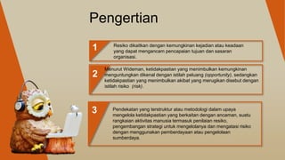 Pengertian
1
2
3
Resiko dikaitkan dengan kemungkinan kejadian atau keadaan
yang dapat mengancam pencapaian tujuan dan sasaran
organisasi.
Menurut Wideman, ketidakpastian yang menimbulkan kemungkinan
menguntungkan dikenal dengan istilah peluang (opportunity), sedangkan
ketidakpastian yang menimbulkan akibat yang merugikan disebut dengan
istilah risiko (risk).
Pendekatan yang terstruktur atau metodologi dalam upaya
mengelola ketidakpastian yang berkaitan dengan ancaman, suatu
rangkaian aktivitas manusia termasuk penilaian resiko,
pengembangan strategi untuk mengelolanya dan mengatasi risiko
dengan menggunakan pemberdayaan atau pengelolaan
sumberdaya.
 
